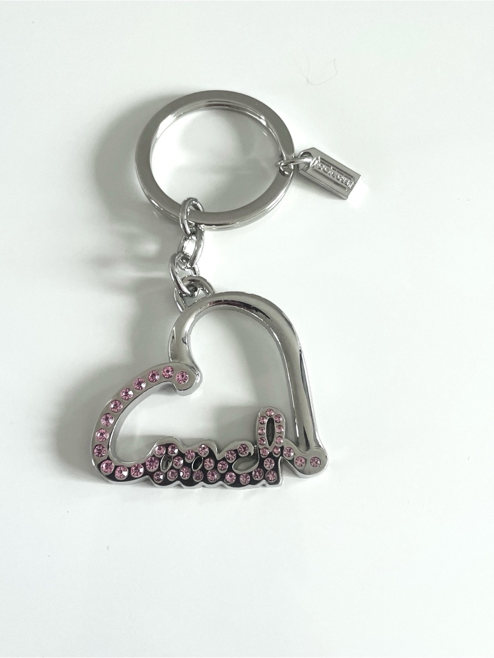 Coach Silver-tone Heart Key Ring with Pink Crystals